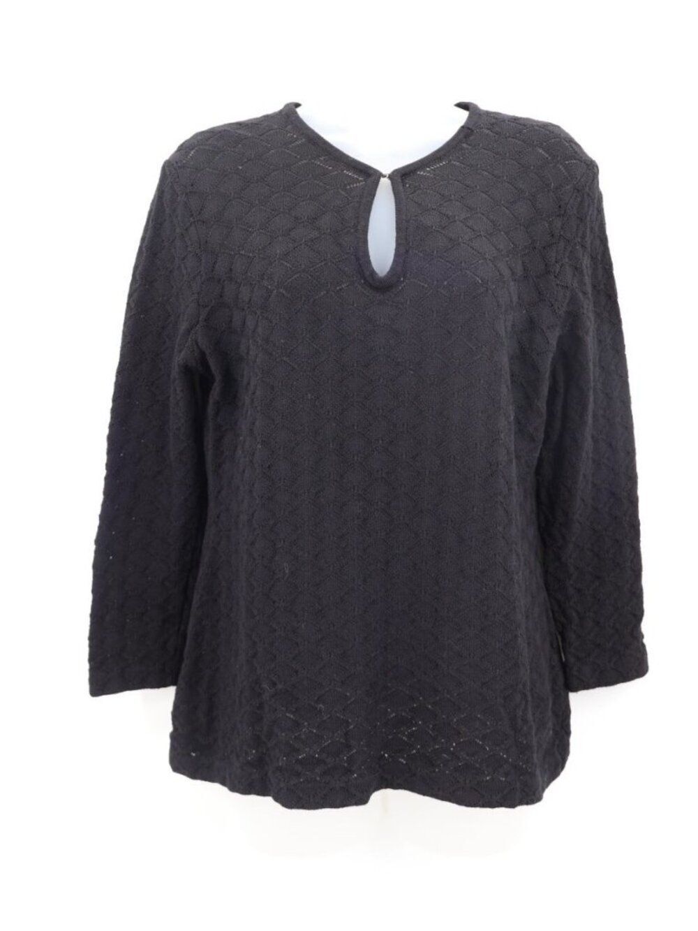 St John Collection Marie Gray Black Knit Keyhole Neck Long Sleeve Top Blouse S*